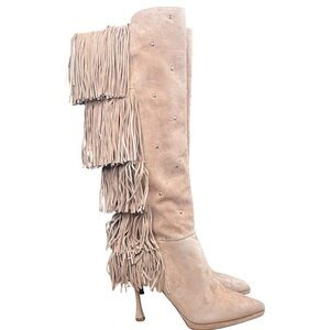 Vince Camuto Panaryaz Fringed Studded Beige Knee-High Boots